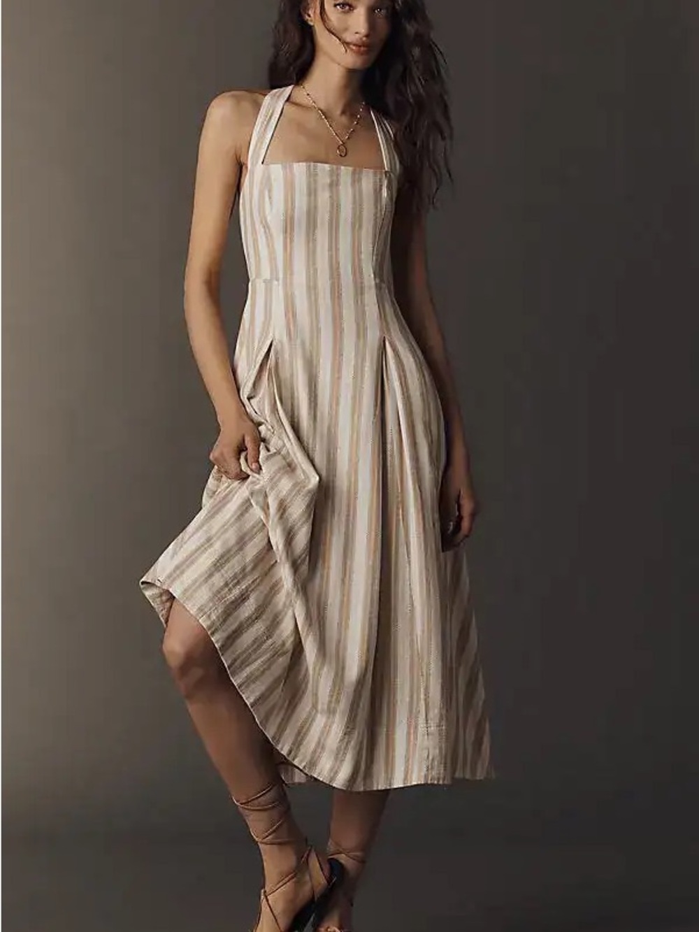 Maeve A-Line Halter Midi Dress in Beige and Cream